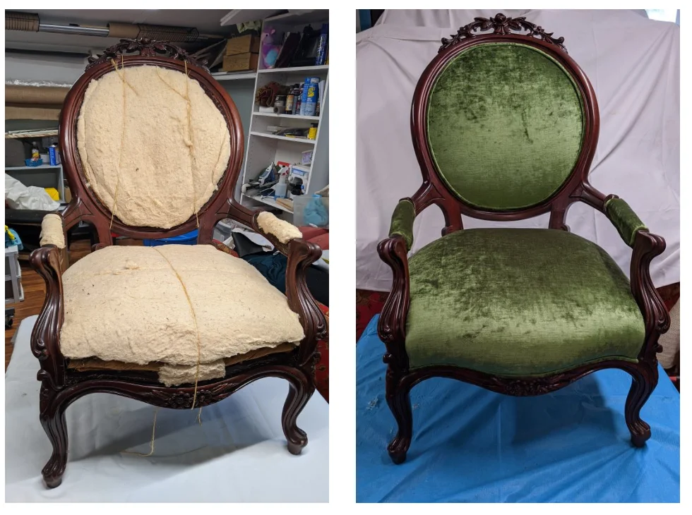 Ornate carved wood armchair before reupholstery with exposed padding and after reupholstery in green velvet
